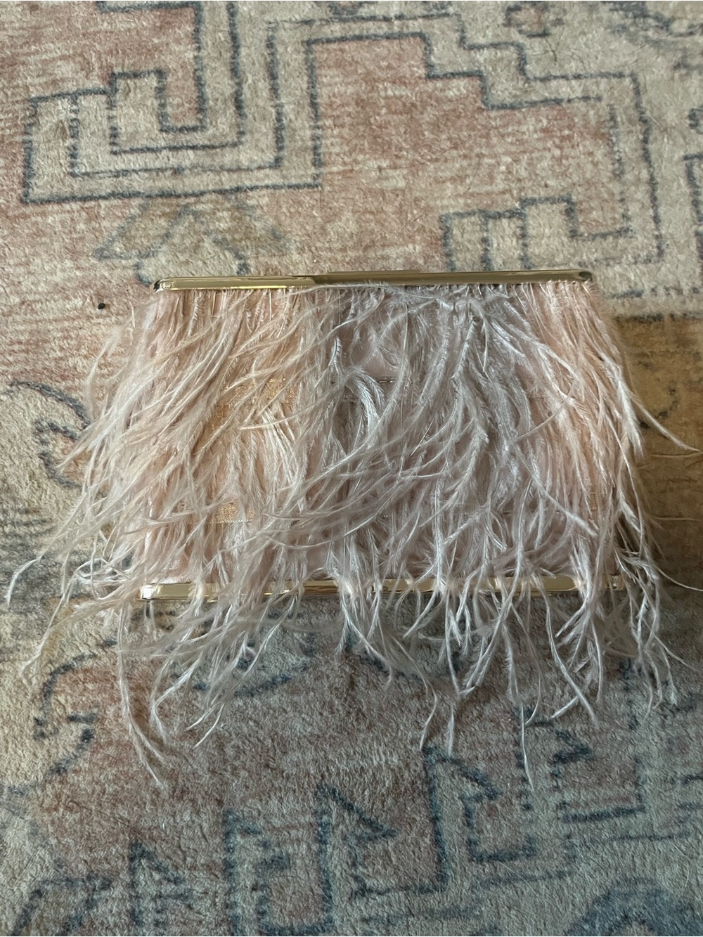 REVOLVE Feather-Trim Clutch in Pale Pink with Gold Hardware